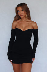 Running Out Of Time Off Shoulder Long Sleeve Mini Dress Black