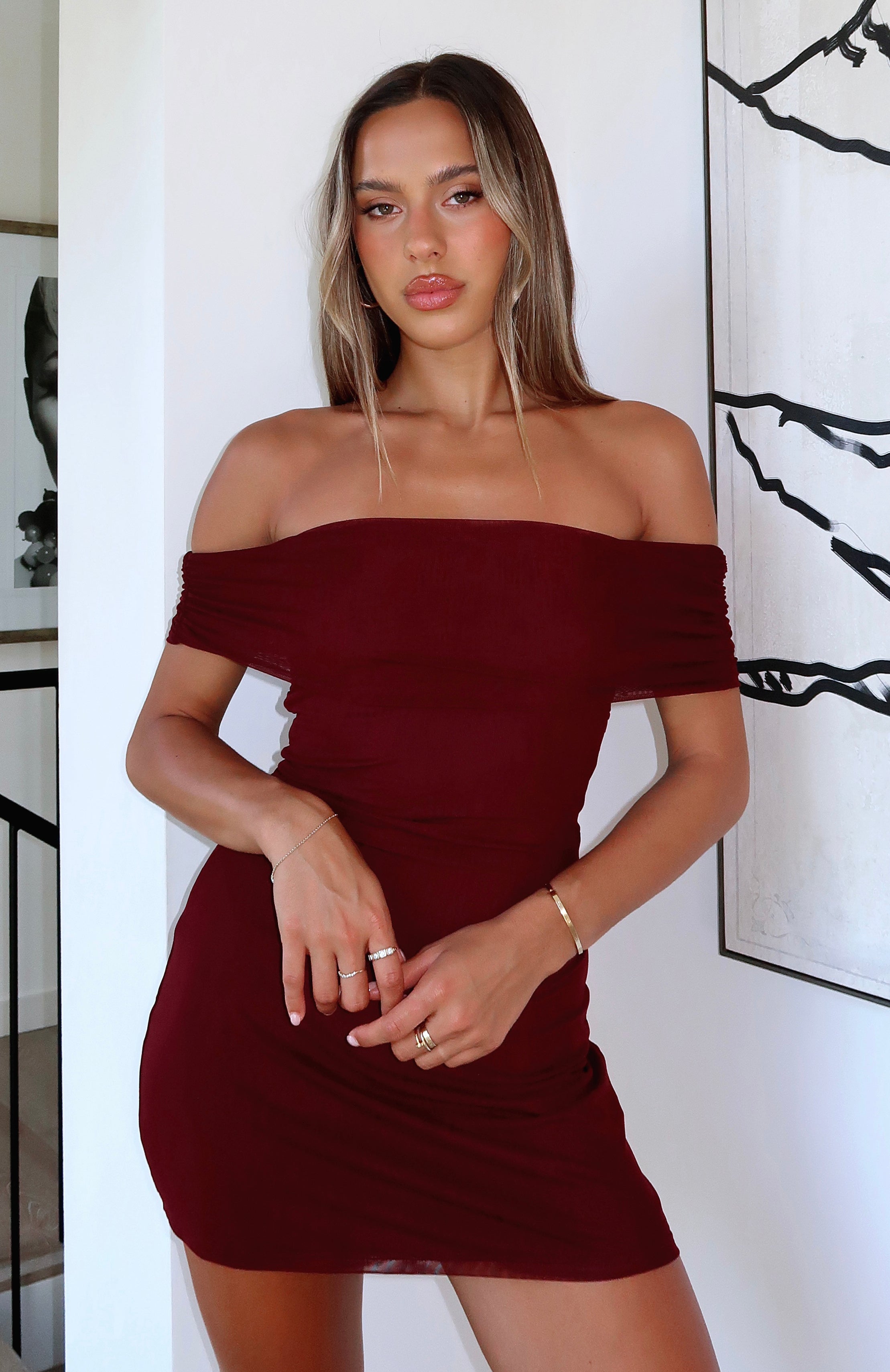 Got The Talent Off Shoulder Mini Dress Burgundy