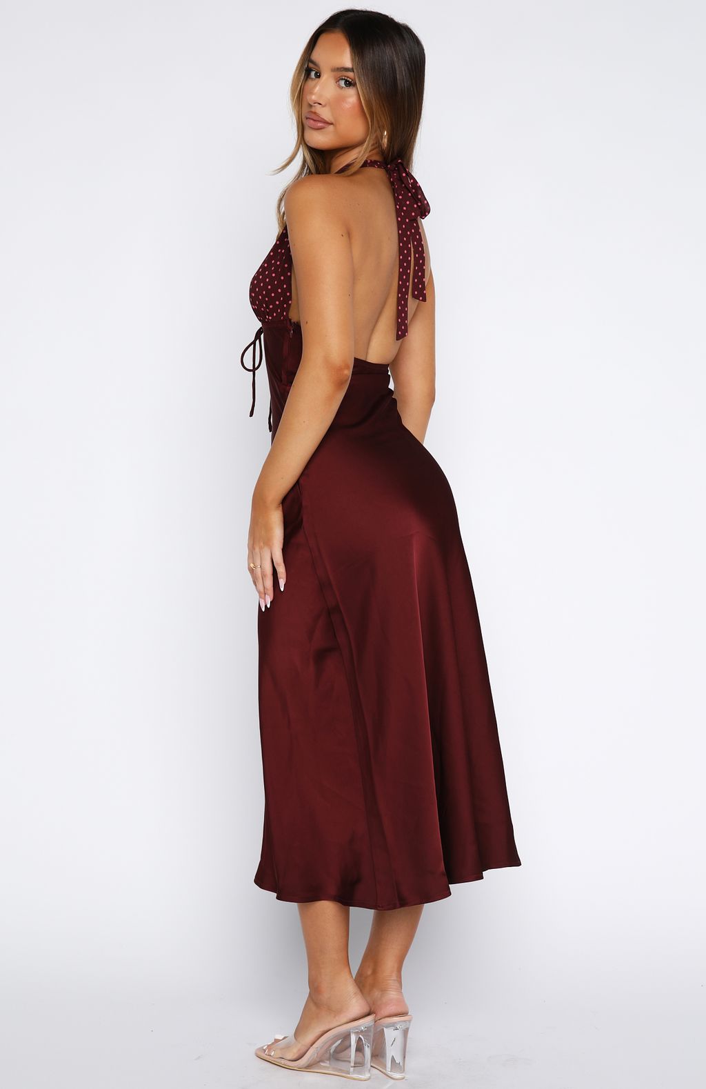 Guess You Miss Me Halter Maxi Dress Burgundy/Pink Dot