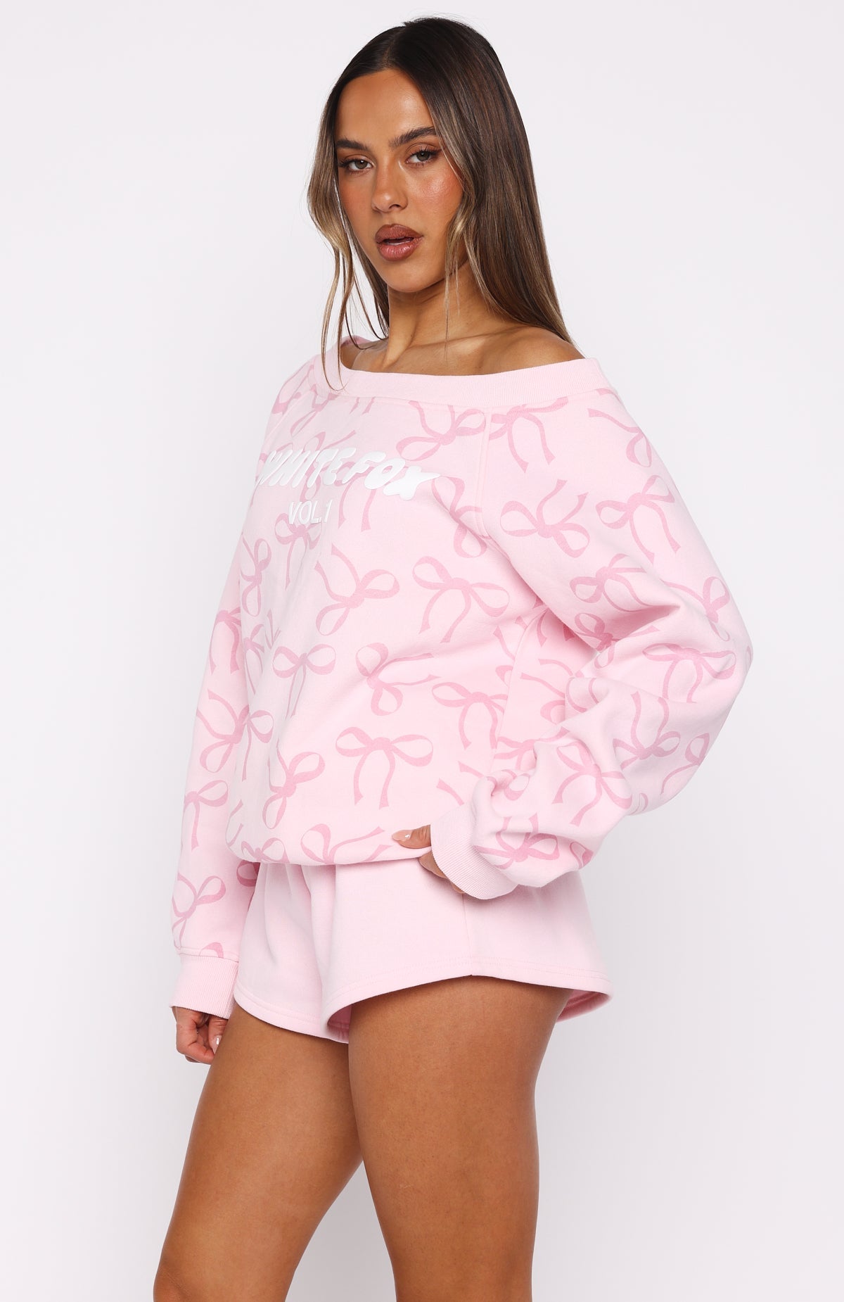 Vol. 1 Off Shoulder Printed Sweater Posy Bow